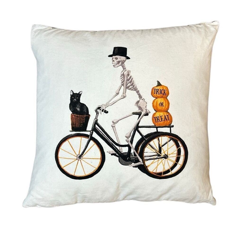 Witch Crafters Decorative Halloween Skeleton on Bike with Black Cat Throw Pillow